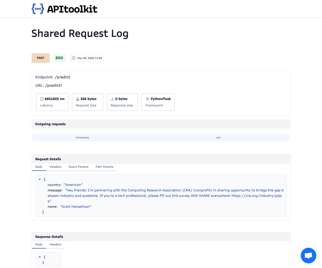 Screenshot of monoscope’s API log explorer page