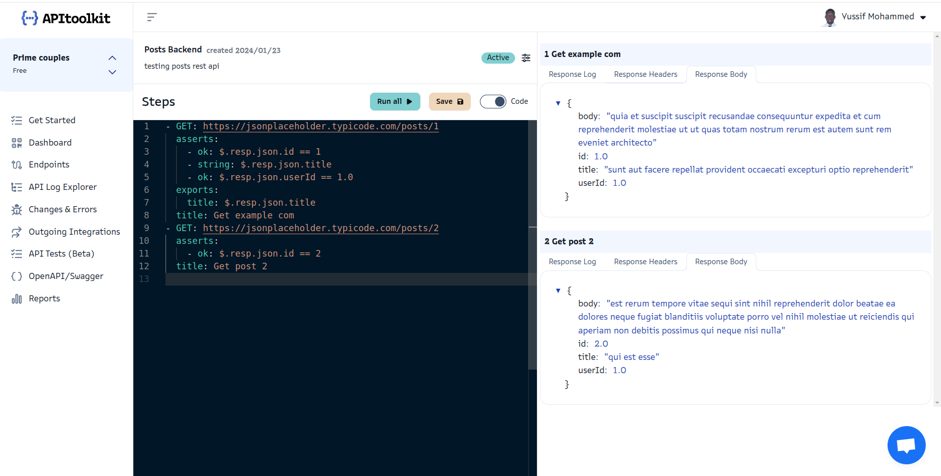 Screenshot of monoscope’s API Tests page