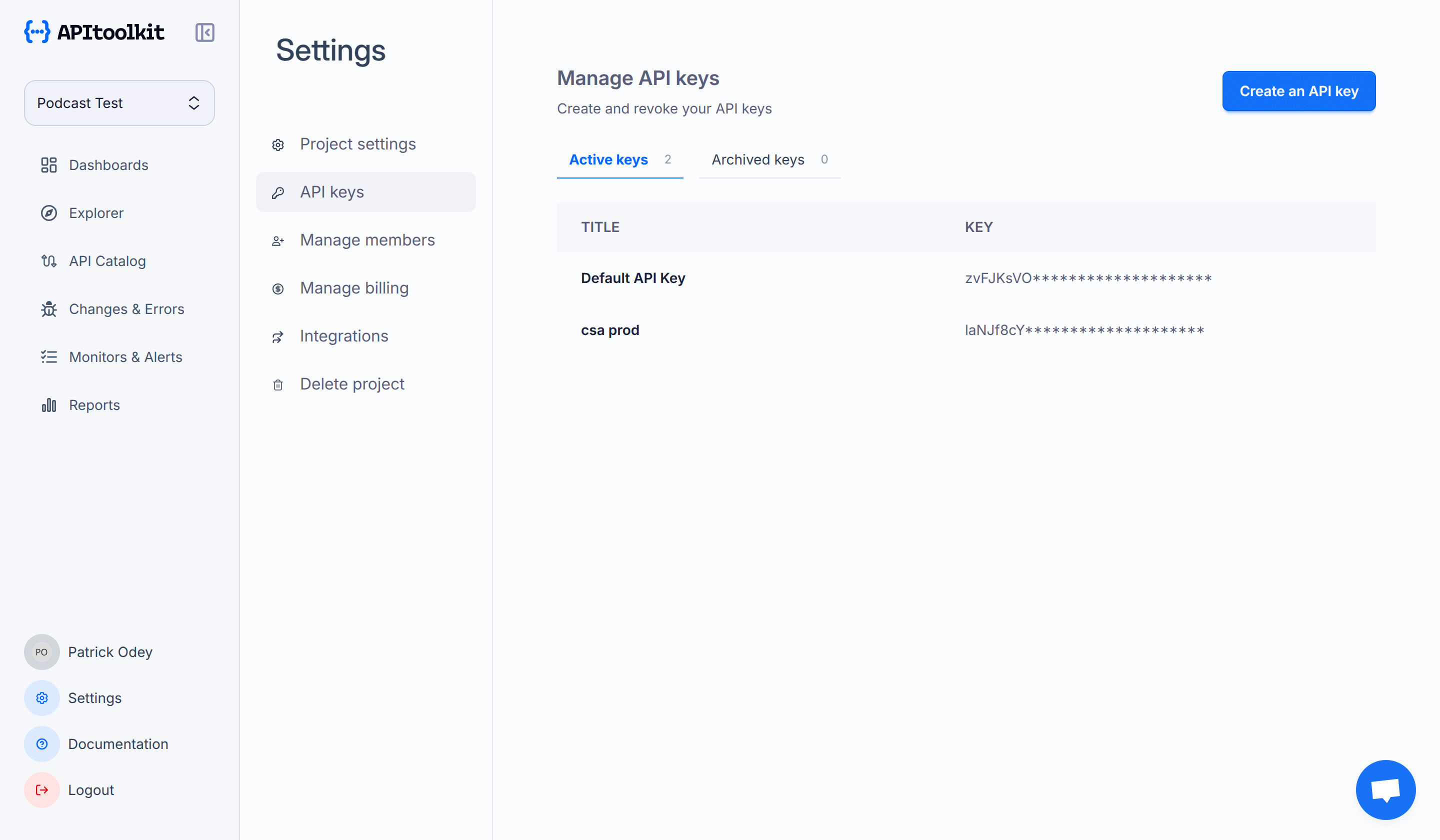 Screenshot of monoscope’s API keys page