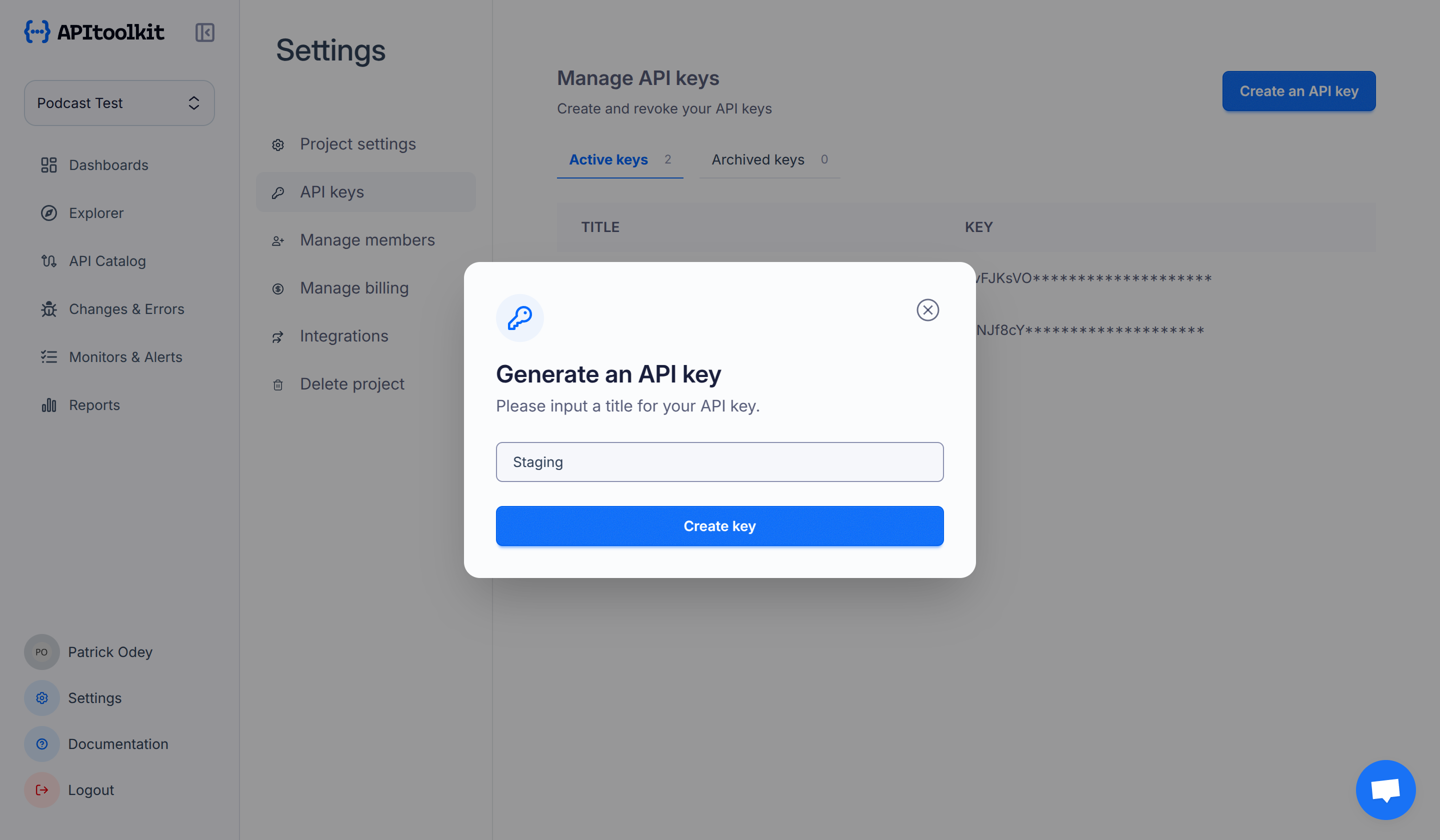 Screenshot of monoscope’s API keys page